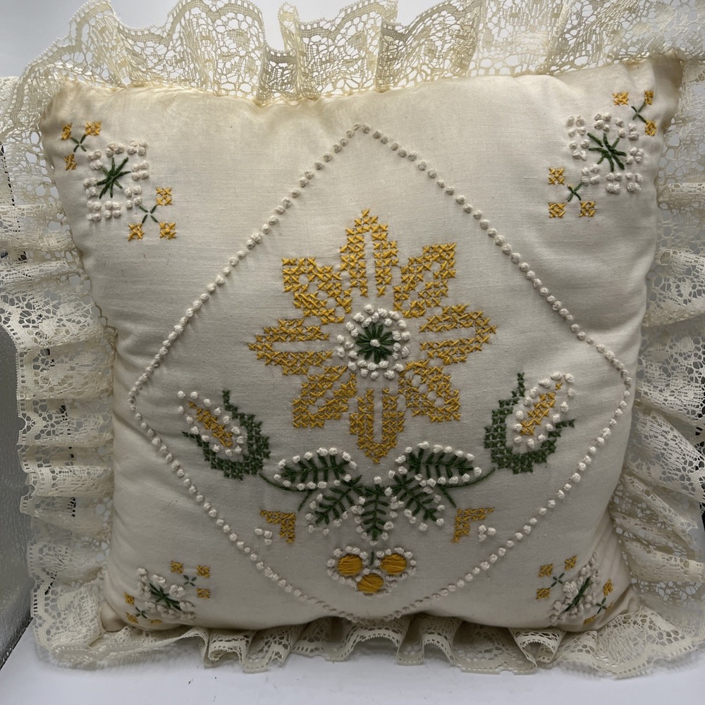 Vintage Throw Pillow Embroidered White Lace Trim Yellow Flower 14" Square